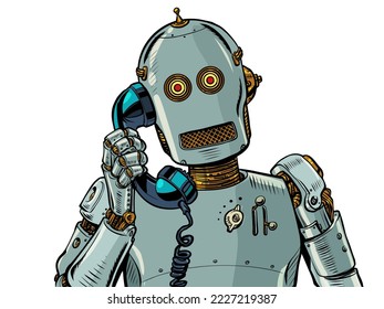 A humanoid robot speaks on an old wire telephone. Artificial intelligence answering machine. AI speech generator. Pop art retro vector illustration kitsch vintage 50s 60s style