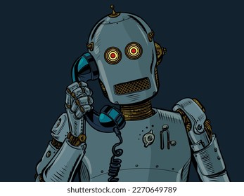 A humanoid robot speaks on an old wire telephone. Artificial intelligence answering machine. AI speech generator. Pop art retro vector illustration kitsch vintage 50s 60s style