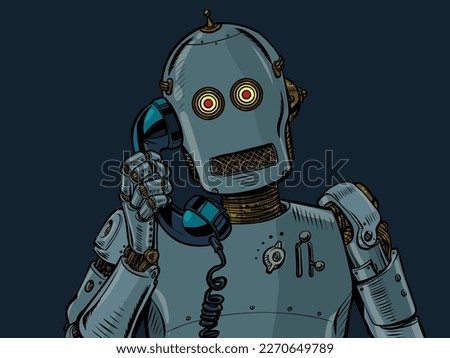 A humanoid robot speaks on an old wire telephone. Artificial intelligence answering machine. AI speech generator. Pop art retro vector illustration kitsch vintage 50s 60s style