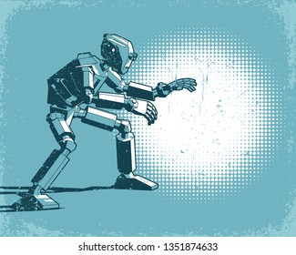 Humanoid robot and spot light - vintage retro poster. Grunge worn textures on separate layer.