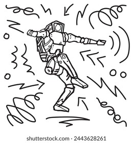 Humanoid robot standing on one foot and making strange body pose. Machine character outline illustration. Single robot assistant with one foot in the air balancing. Cartoon character balance pen drawn