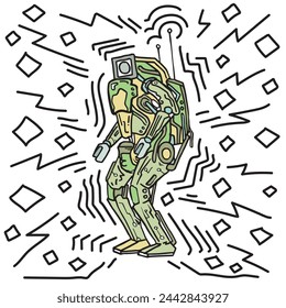 Humanoid robot standing still and waiting next command hand drawn outline logo illustration. Simple man made smart machine in standing pose pen drawing sketch. Bionic assistant future human supporter.