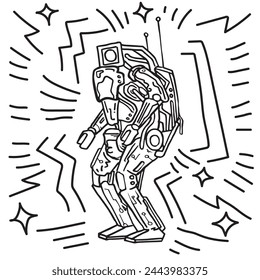 Humanoid robot standing still and waiting next command hand drawn outline illustration. Simple man made smart machine in standing pose pen drawing sketch. Bionic assistant future human assistant art.