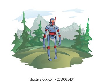 Un robot humanoide se encuentra en el fondo de un paisaje montañoso. Android en la naturaleza salvaje, una parcela post-apocalíptica. Ilustración vectorial, aislada en blanco.