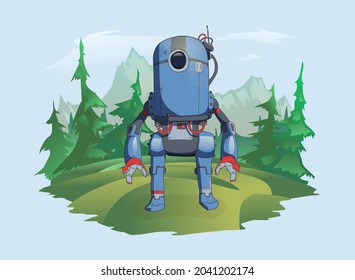 A humanoid robot stands against the background of a mountain landscape. Android in the wild nature, a post-apocalyptic plot. Vector illustration, isolated on white.