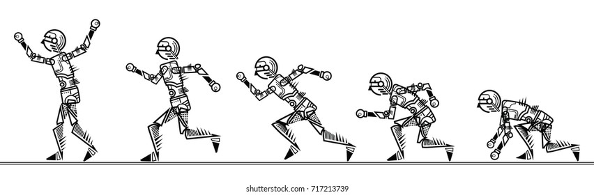 humanoid robot step running on white background. vector illustration.