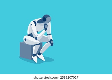 Humanoid robot thinker. Artificial intelligence ai bot android cyborg sitting and thinking. Industrial robot replacing humans in future. Sad deep emotion idea concept. Isolated vector illustration.