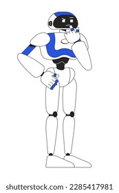 Humanoid robot in thinking pose linear flat color vector character. Editable figure. Full body machine on white. Thin line cartoon style spot illustration for web graphic design and animation