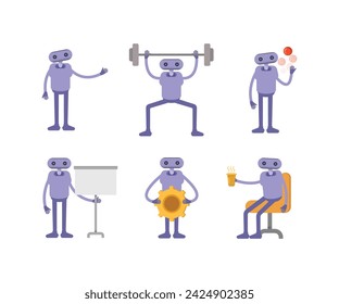 humanoid robot in various poses set vector illustration
