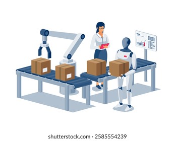 Humanoid robot working on assembly line. Industrial robot manipulating with parcel on conveyor belt table. Robotic arm on workstation. Human manager controlling automated packaging distribution system