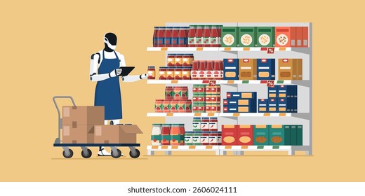 Humanoid robot working at the supermarket and putting products on the shelves: artificial intelligence and robotics in retail concept
