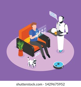 Humanoid robotic assistant controlled with holographic panel serves smart home resident meal isometric background composition vector illustration