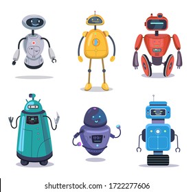 Humanoid robotic machine set. Colorful robot characters, cyborg, electronic toy. Vector illustration for futuristic art, robotics, engineering, fiction for children concept