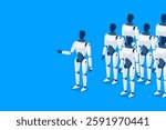 Humanoid robots army soldiers standing ready. Autonomous robotic leader hand gesture. Artificial intelligence ai-powered bot android cyborg. Cyber robot replacing humans. Isolated vector illustration.