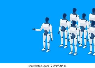 Humanoid robots army soldiers standing ready. Autonomous robotic leader hand gesture. Artificial intelligence ai-powered bot android cyborg. Cyber robot replacing humans. Isolated vector illustration.