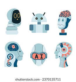 Humanoid robots with a brain. Chatbot and digital cyborg, communication artificial intelligence. Future concept. AI bot character android. Innovative vector illustration