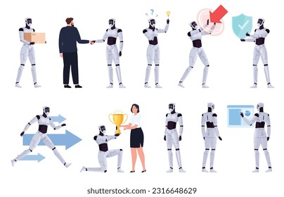 Humanoide Roboter. Das Konzept, Menschen mit künstlicher Intelligenz zu helfen. Arbeitsautomatisierung. Vektorgrafik