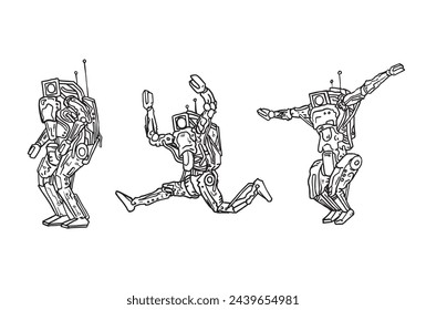 Humanoid robots in different poses simple set hand drawn outline illustration. Mechanical and AI cybernetic character ready for autonomy work, simple pen drawing posture. Android artificial system.