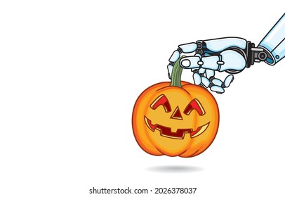 Humanoid robot's hand picking up orange pumpkin or jack o lantern with smiling face, autumn, thanksgiving, Happy Halloween in the world of futuristic technology concept. Vector illustration on white.