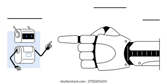 Os robôs humanoides apontam para um pequeno robô com antena. Ideal para tecnologia, robótica, IA, comunicação, trabalho em equipe, temas futuristas, inovação. Metáfora de linha