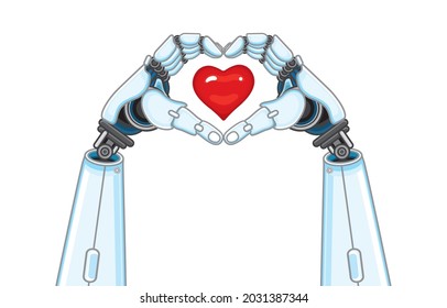 Humanoid robot's hand show heart sign spread love and care with red heart shaped balloons, android look like people, spirit, love, emotional, intelligence of robots concept. Vector illustration art.