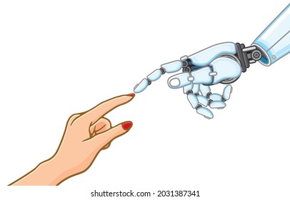 Humanoid robot's hand and woman's hand touching each other with their fingertips, android look like people, spirit, love, emotional, intelligence of robots concept. Vector illustration on white.