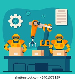 Humanoid robots and manipulator arm working at assembly line. Vector illustration. Robots packing goods, loading online orders in warehouse. Automation stock, supply chain, modern technology concept
