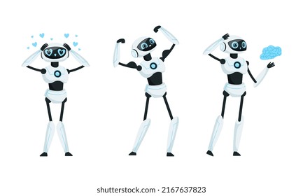 Humanoid robots set. Cybernetic robotic cyborgs, artificial intelligence concept cartoon vector illustration