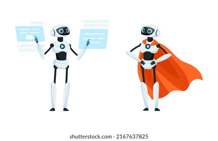 Humanoid robots set. Cybernetic robotic cyborgs, artificial intelligence machines cartoon vector illustration