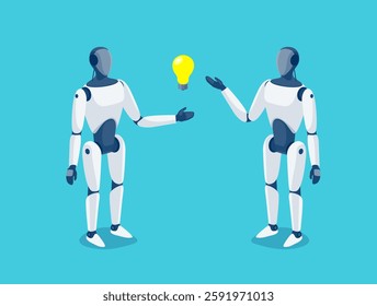 Humanoid robots standing and thinking about idea. Artificial intelligence gesture ai bot android cyborg talking. Industrial white robot replacing humans in future. Isolated vector illustration concept