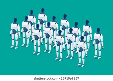 Humanoid robots workers army standing ready. Autonomous robotic machines industry. Artificial intelligence ai-powered bot android cyborg. Cyber robot replacing humans. Isolated vector illustration.