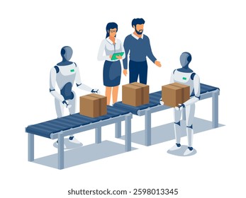 Humanoid robots working on assembly line. Industrial robot manipulating parcel on conveyor belt table. Robotic production workstation. Human manager controlling automated packaging distribution system