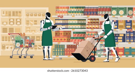 Humanoid robots working at the supermarket and putting products on the shelves: artificial intelligence and robotics in retail concept