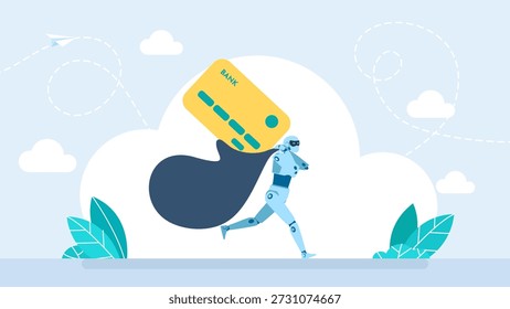 Humanoide corriendo con tarjeta de crédito. 
Un usuario es estafado por un robot de IA: piratería de IA, ciberataques automatizados y concepto de ciberseguridad. Robot roba datos de tarjetas de crédito. Ilustración vectorial
