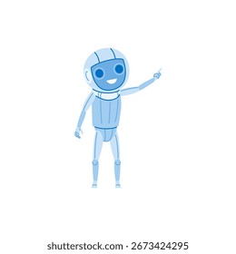 El robot sonriente humanoide que señala el dedo que muestra o que presenta algo, aislado en el fondo blanco, inteligencia artificial en diseño robótico futurista del carácter de la historieta