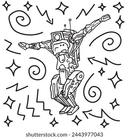 Humanoid standing with hands spread widely, outline illustration graphic. Simple robot machine assistant ready for hug, pen drawing vectorized artwork. Autonomic smart tech character hand drawn logo.