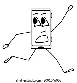 A humanoid stylized smartphone runs with an emotion on the display. Running away, fear, salvation, haste. Vector icon, outline, cartoon, isolated. Editable stroke