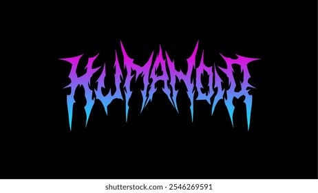 Humanoide, texttypografische Designvektorgrafik in einer scharfen, zackigen, von Metall inspirierten Schriftart. blauer und weißer Farbverlauf-Text sticht auf dunklem Hintergrund hervor, für T-Shirt-Print-Bekleidung