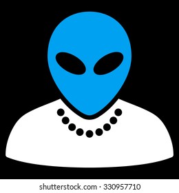 Humanoid vector icon. Style is flat bicolor blue and white symbol, rounded angles, black background.