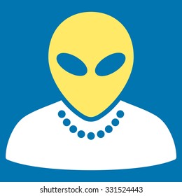 Humanoid vector icon. Style is flat bicolor yellow and white symbol, rounded angles, blue background.