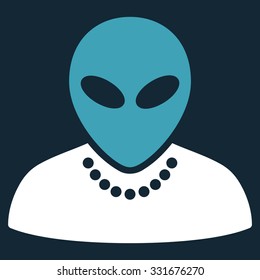 Humanoid vector icon. Style is flat bicolor blue and white symbol, rounded angles, dark blue background.