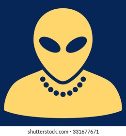 Humanoid vector icon. Style is flat yellow symbol, rounded angles, blue background.