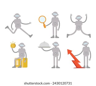 humanoid workers characters in various poses set vector illustration