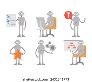humanoid workers characters in various poses set vector illustration