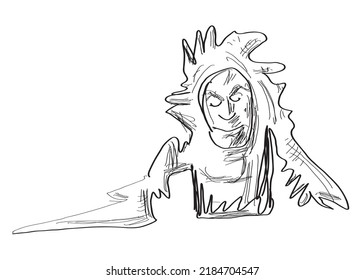 Humanoid-like, ghost comic character which is Halloween prop type, funny scary person. Hand drawn (doodle style) vector drawing.