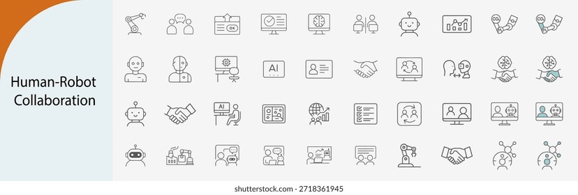 human-robot collaboration and AI teamwork line icon set, smart automation and industrial robotics interaction symbols, flat vector illustration