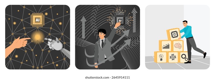 Interação homem-robô que representa a IA. Um profissional mostra um conceito de inteligência artificial futurista integrado. Um empresário organizando blocos. Adotar o conceito de IA.