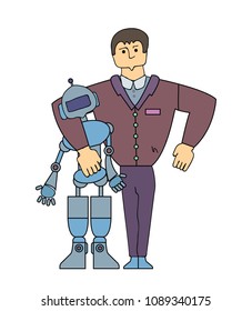 Human-Robot Interaction. Strong man embracing a robot. Cartoon characters. Simple line vector illustration. Isolated on white background.
