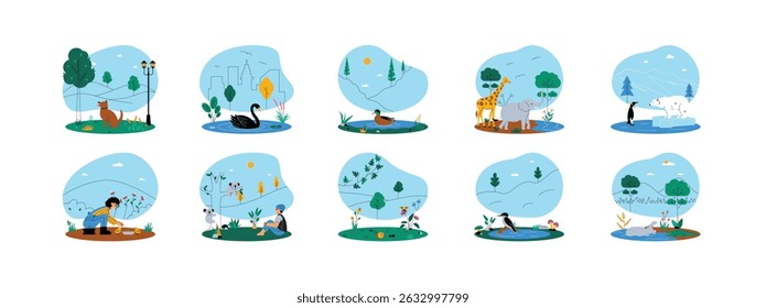 Humans and animals as well as nature showing the harmony of life, ecosystem vector illustration.
