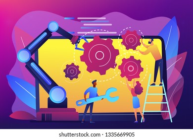 Humans and cobot robotic arm collaborate at laptop fixing gears. Collaborative robotics, cobot automatization, safe industry solutions concept. Bright vibrant violet vector isolated illustration